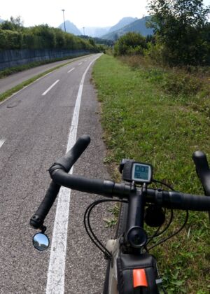a bike is parked on the side of the road